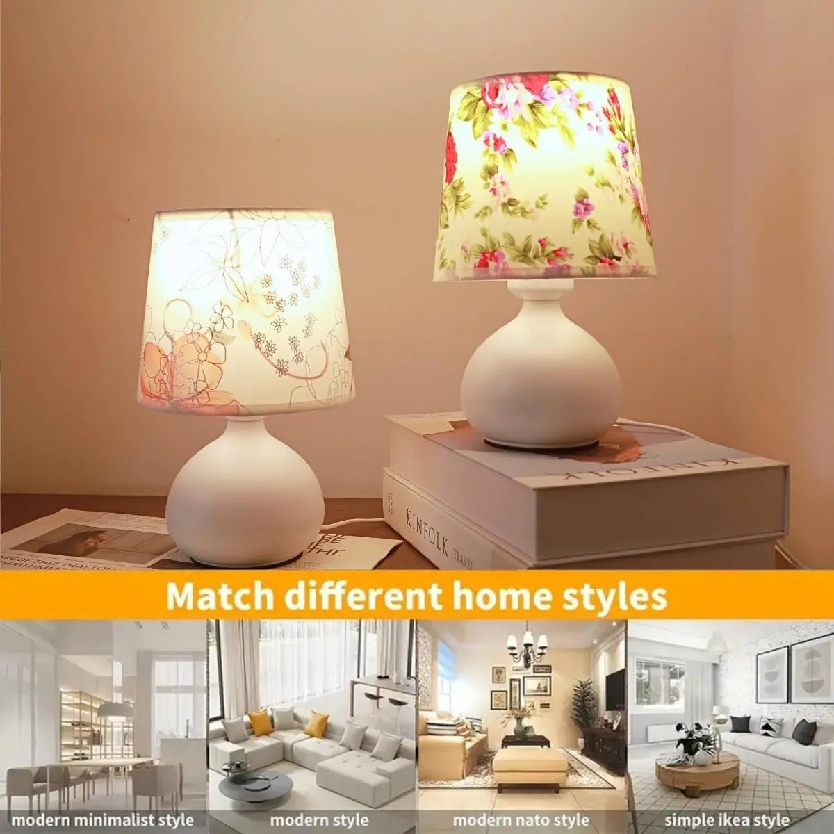 Floral Pattern Fabric Table Lamp, USB Powered Decorative Bedside Light