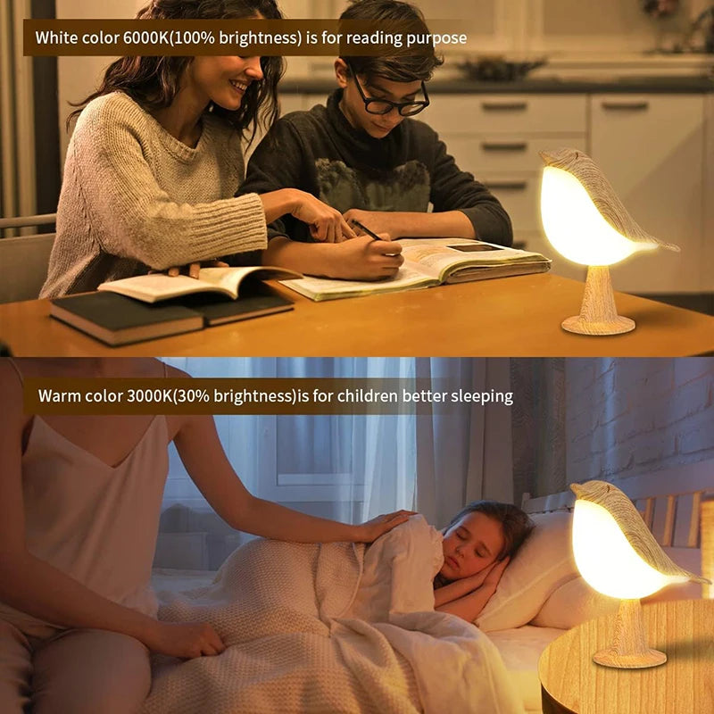 LED Bird Night Lamp, Cartoon Silicone Wooden Touch Sensor Rechargeable Bedside Light