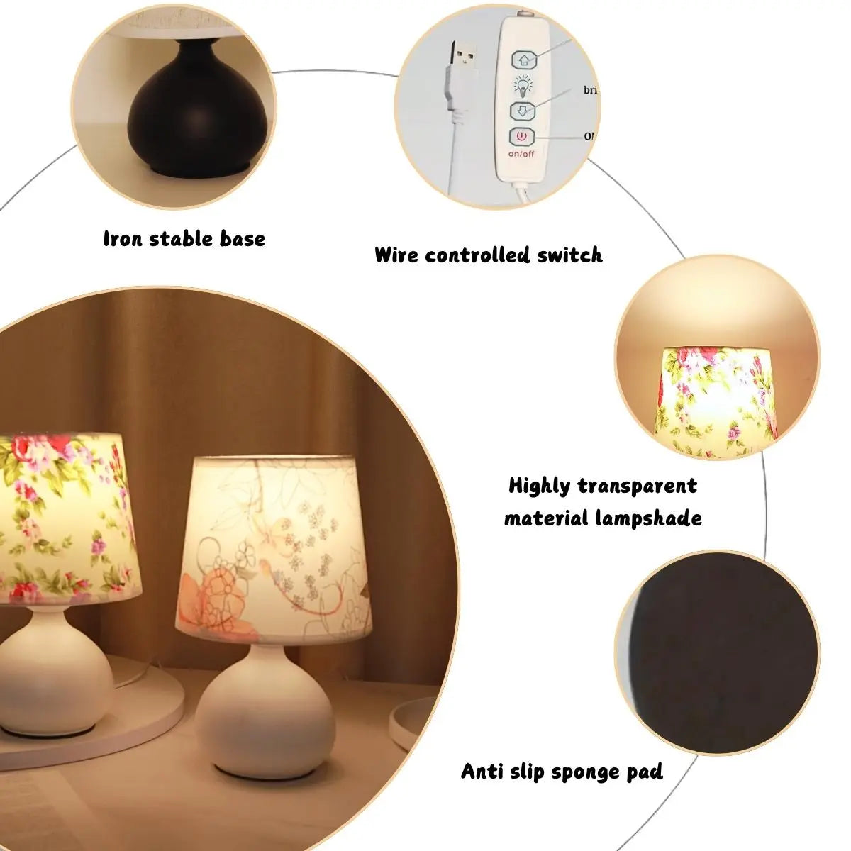 Floral Pattern Fabric Table Lamp, USB Powered Decorative Bedside Light