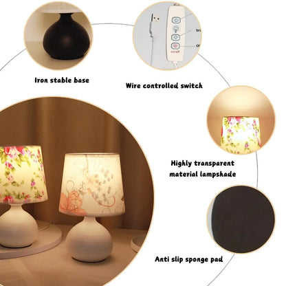 Floral Pattern Fabric Table Lamp, USB Powered Decorative Bedside Light