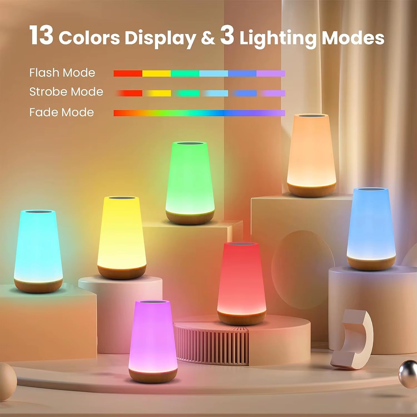 13-Color Changing RGB Night Light with Remote Control, Touch Sensor, USB Rechargeable, Dimmable Portable Table Lamp