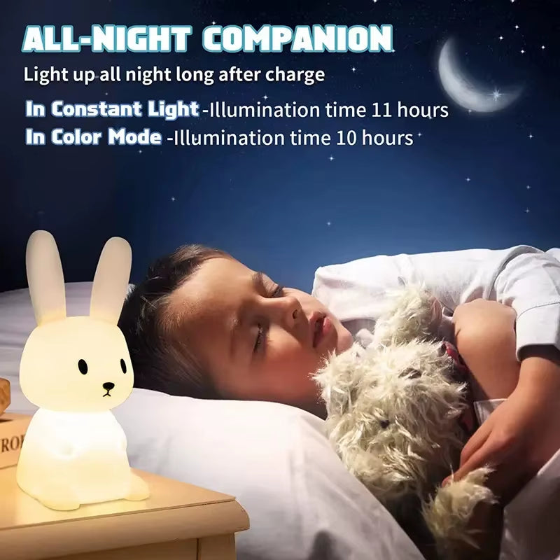 Cute Silicone Rabbit Night Light, Touch Sensor LED Lamp for Kids
