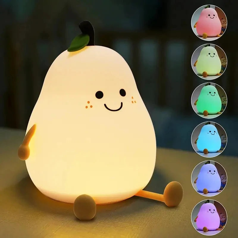 Creative Cute LED Pear Night Light, USB Rechargeable Silicone Touch Lamp