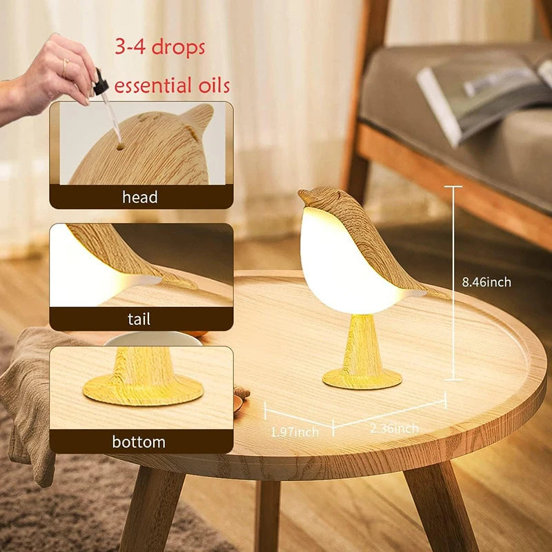 LED Bird Night Lamp, Cartoon Silicone Wooden Touch Sensor Rechargeable Bedside Light