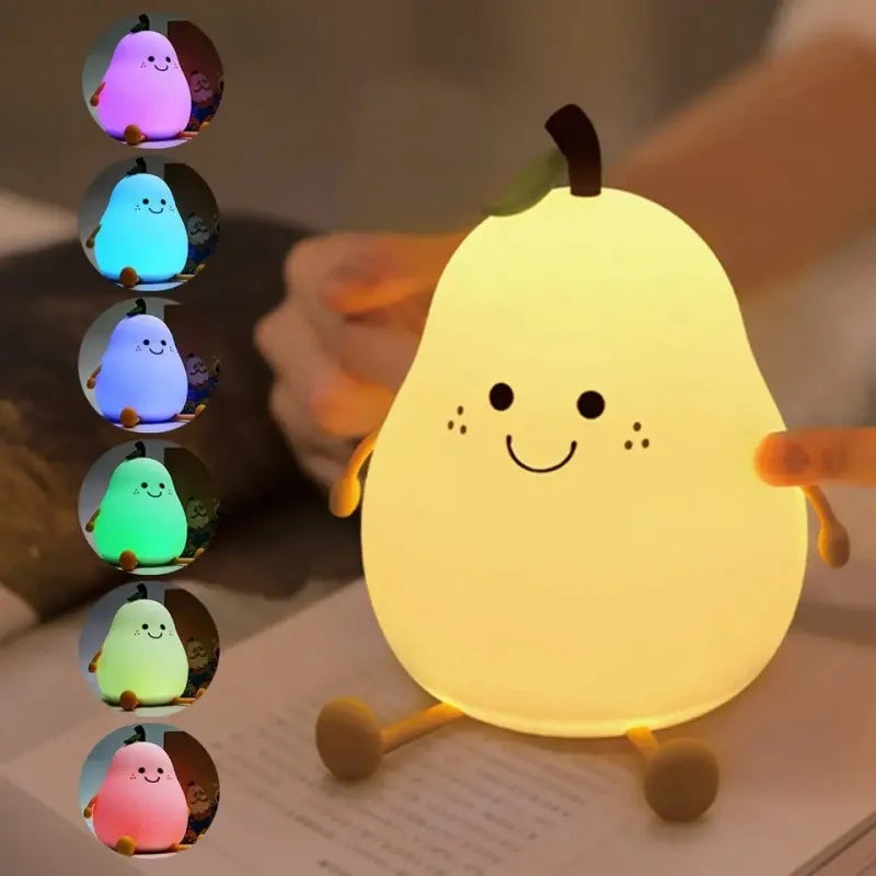 Creative Cute LED Pear Night Light, USB Rechargeable Silicone Touch Lamp