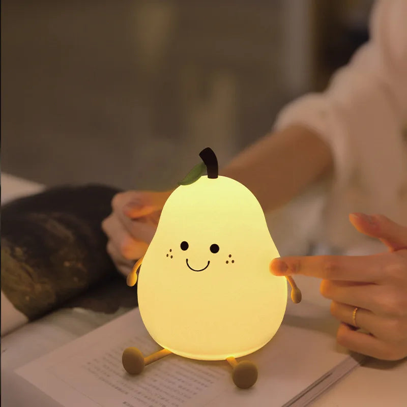Creative Cute LED Pear Night Light, USB Rechargeable Silicone Touch Lamp