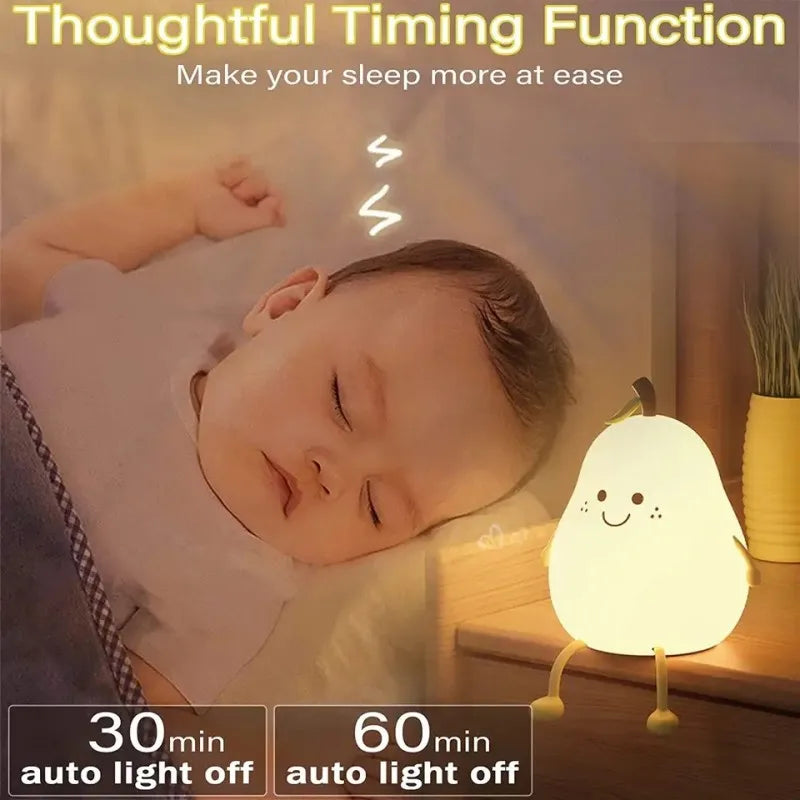 Creative Cute LED Pear Night Light, USB Rechargeable Silicone Touch Lamp