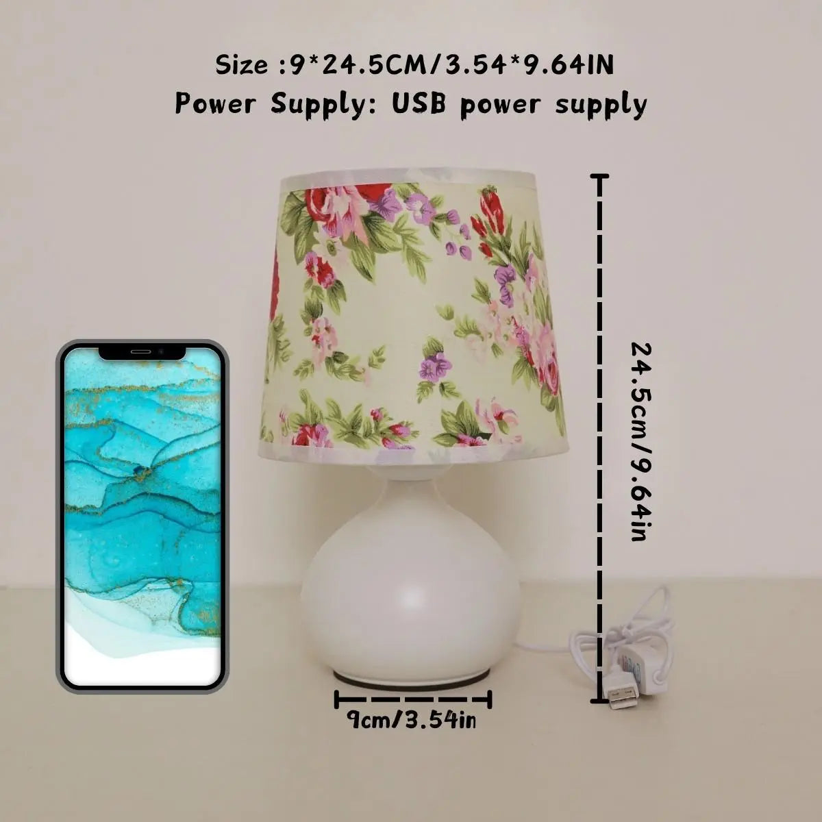 Floral Pattern Fabric Table Lamp, USB Powered Decorative Bedside Light