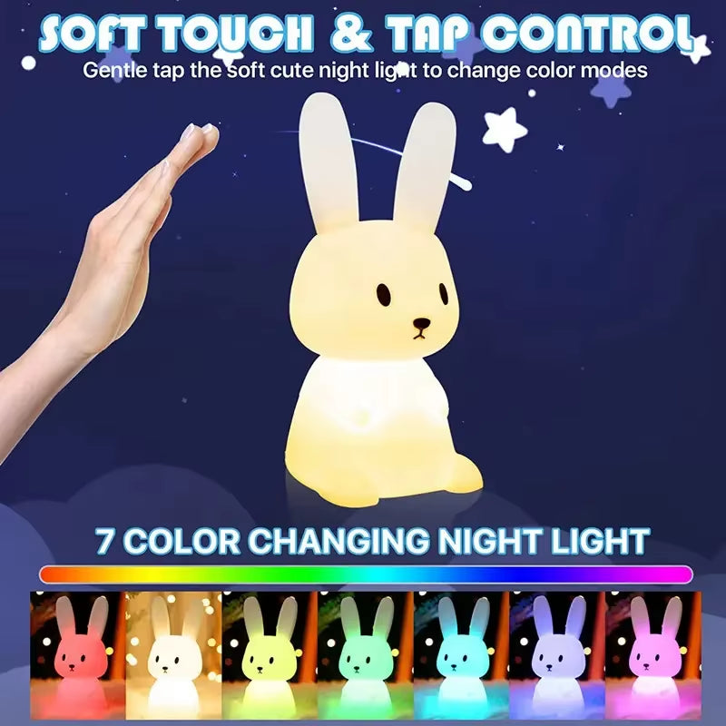 Cute Silicone Rabbit Night Light, Touch Sensor LED Lamp for Kids