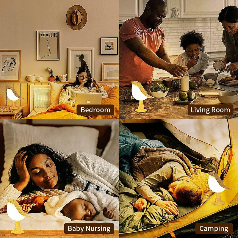 LED Bird Night Lamp, Cartoon Silicone Wooden Touch Sensor Rechargeable Bedside Light