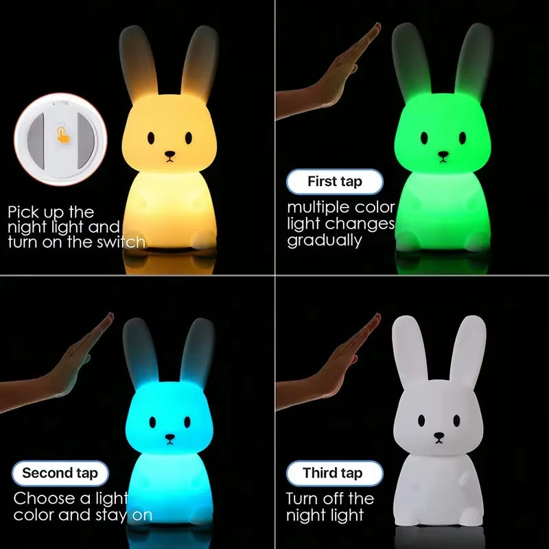Cute Silicone Rabbit Night Light, Touch Sensor LED Lamp for Kids