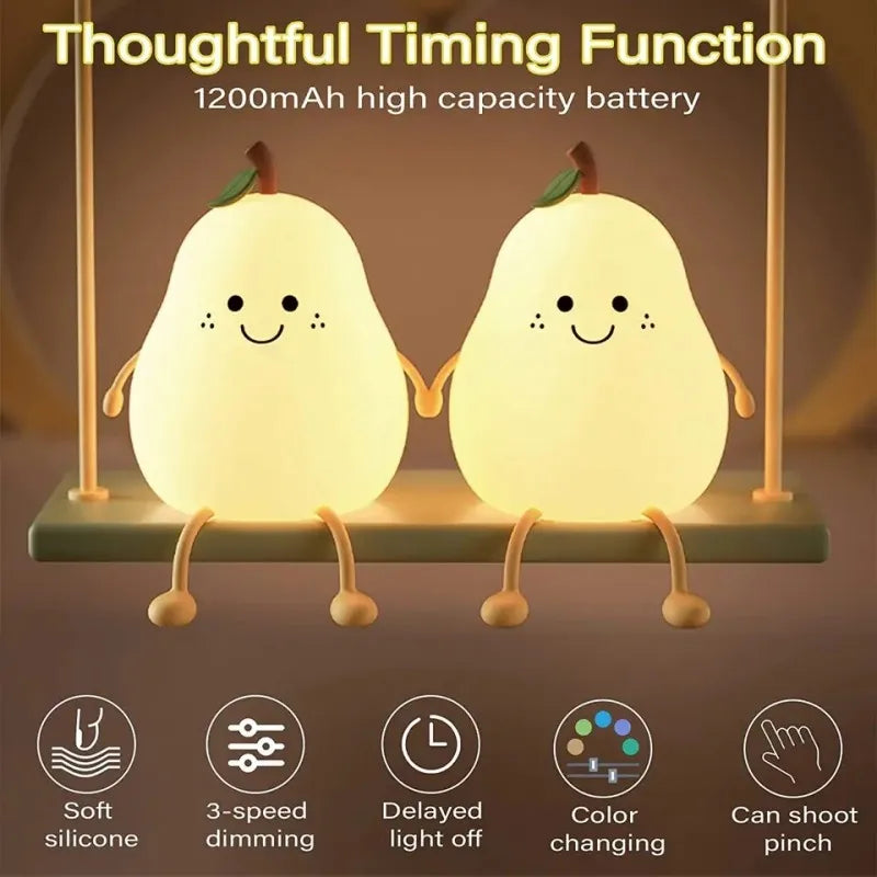 Creative Cute LED Pear Night Light, USB Rechargeable Silicone Touch Lamp