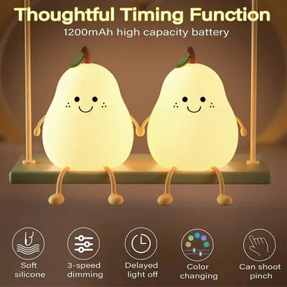 Creative Cute LED Pear Night Light, USB Rechargeable Silicone Touch Lamp